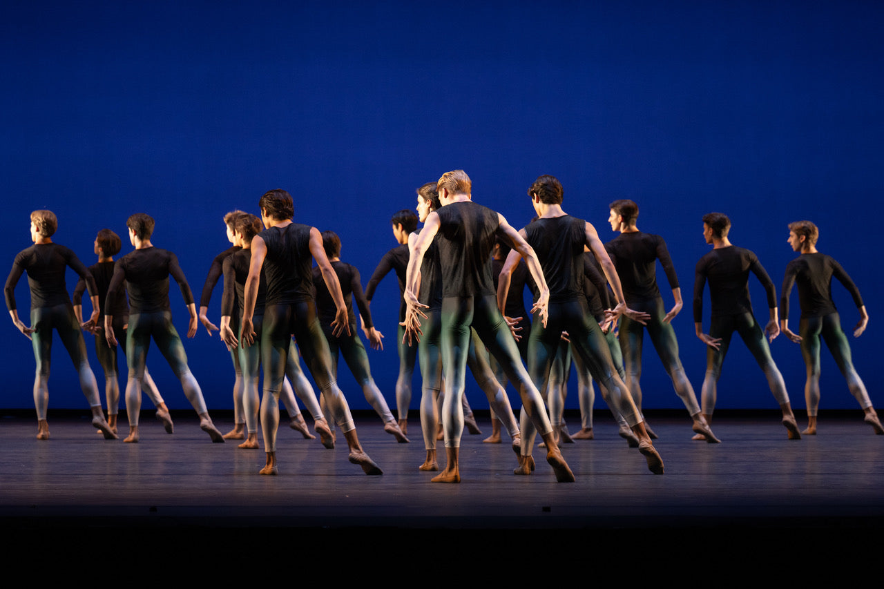male ballet dancers wearing green to white ombre dance tights on stage at the royal opera house for royal ballet summer performance