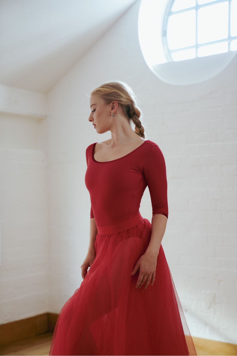 Women's Barcelona Half Sleeve Leotard - Red with velvet trim