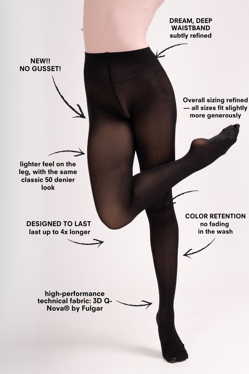 Black dance tights being worn by a ballerina on a white background with text highlighting features.