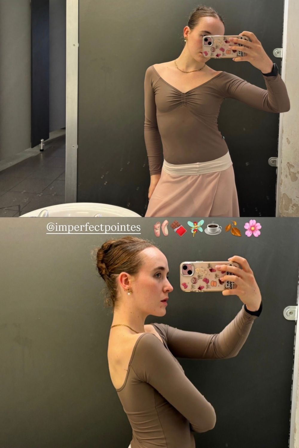 Two mirror selfies showing the front ruching and scoop back of the Mocha Alexandria long-sleeve leotard.