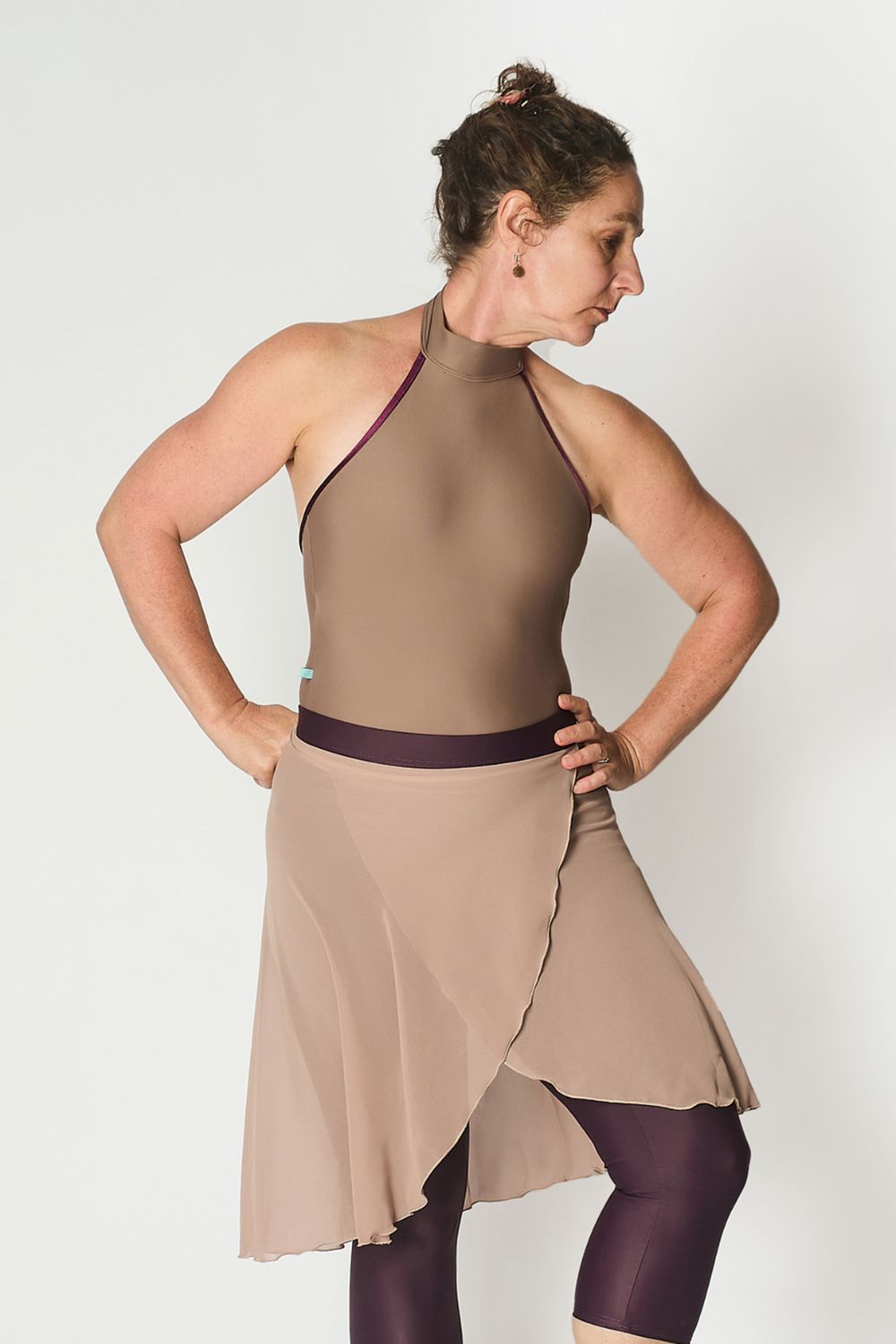 Women's Henderson Halter Neck Leotard - Mocha with Cherry Noir Velvet Trim