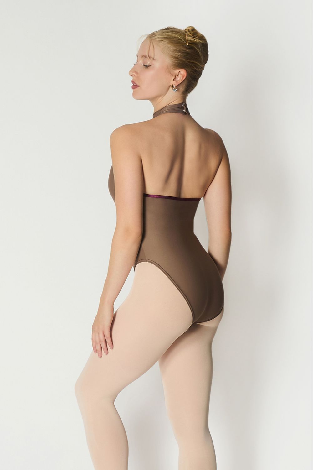 Women's Henderson Halter Neck Leotard - Mocha with Cherry Noir Velvet Trim
