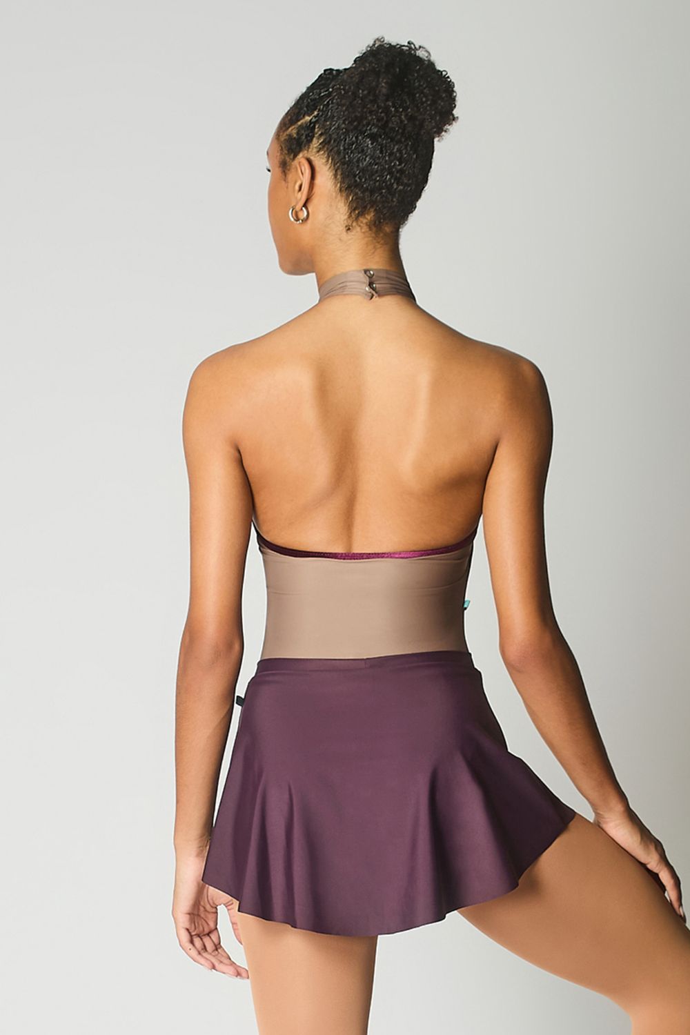 Women's Henderson Halter Neck Leotard - Mocha with Cherry Noir Velvet Trim