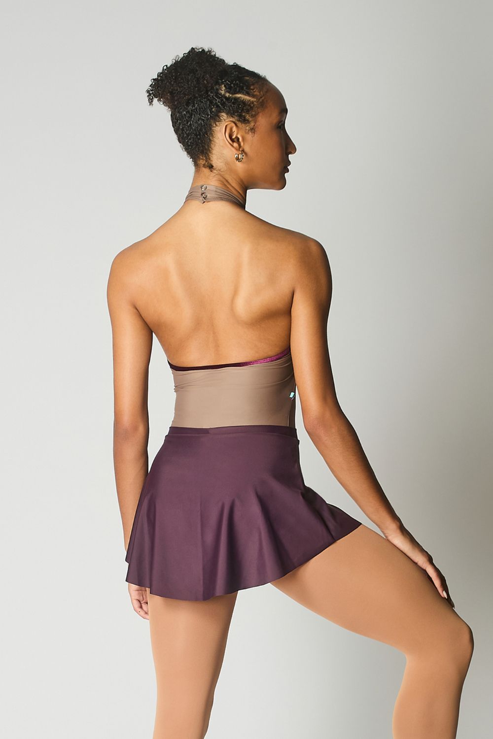 Women's Henderson Halter Neck Leotard - Mocha with Cherry Noir Velvet Trim
