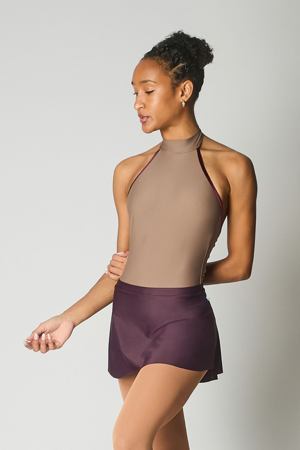 Women's Henderson Halter Neck Leotard - Mocha with Cherry Noir Velvet Trim