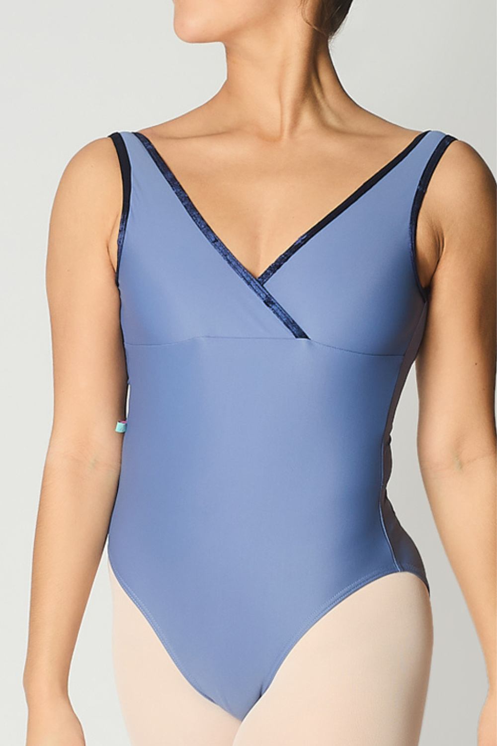Women's Marseille Wrap-Front Leotard Film Blue with Navy Velvet Trim