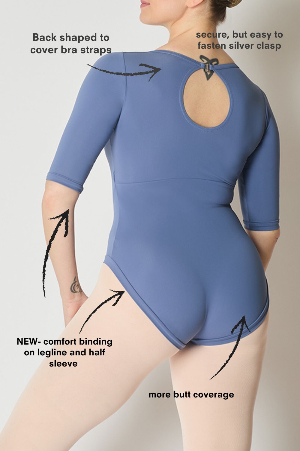 features and benefits of leotard for women with bigger boobs from imperfect Pointes, Back view. suitable for ballet and all types of dance. long sleeves in film blue. great for the adult ballet community and beginners adult ballet. sustainably made in UK