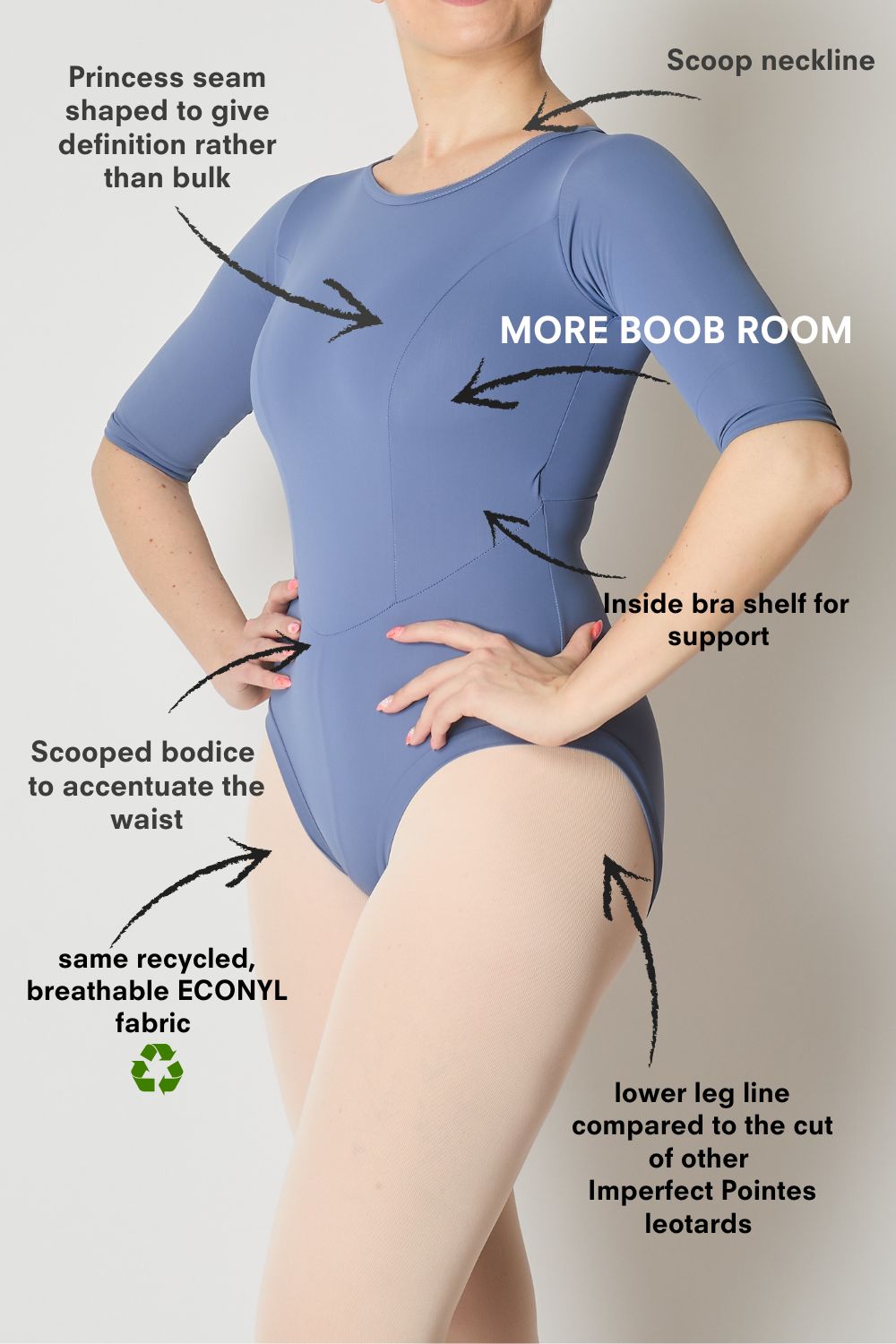 features and benefits of leotard for women with bigger boobs from imperfect Pointes, suitable for ballet and all types of dance. long sleeves in film blue. great for the adult ballet community and beginners adult ballet. sustainably made in UK