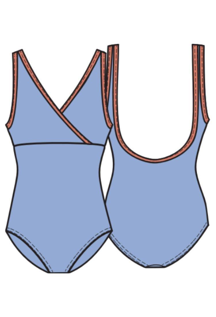 Girl's V Front Cross Over Leotard with Trim- Pale Blue-Girl's Ballet Leotard Sustainable-Imperfect Pointes- Marseille