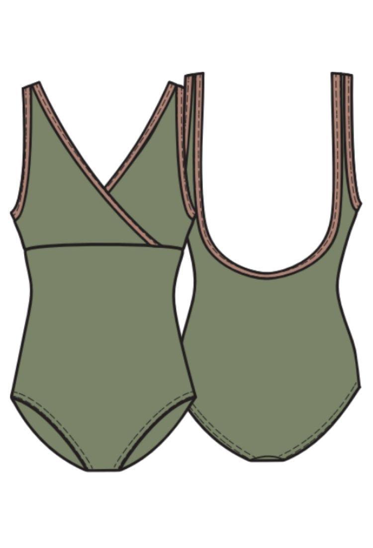 Girl's V Front Cross Over Leotard with Trim- Army Green-Girl's Ballet Leotard Sustainable-Imperfect Pointes- Marseille