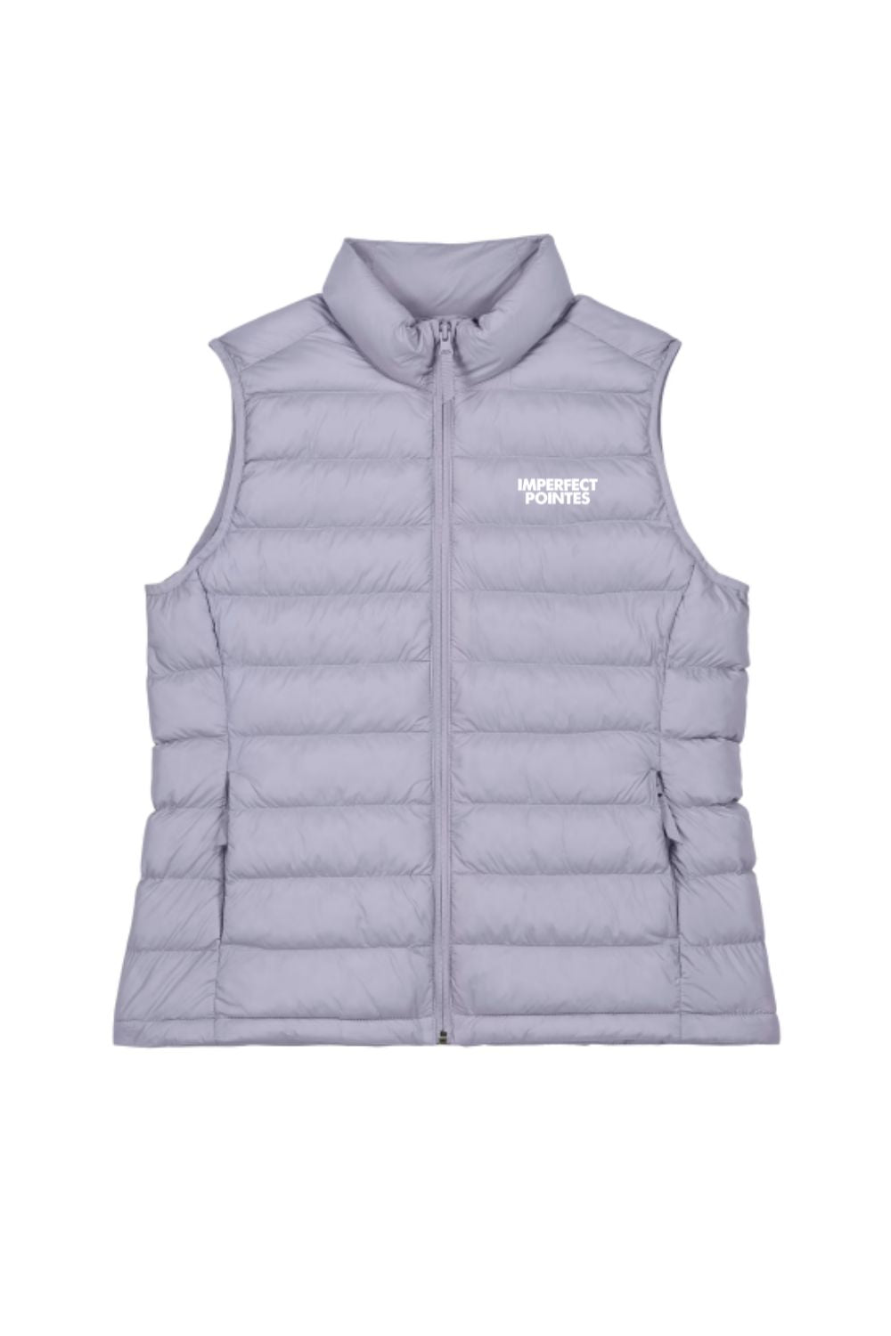 Light purple puffer vest with a brand logo on a white background