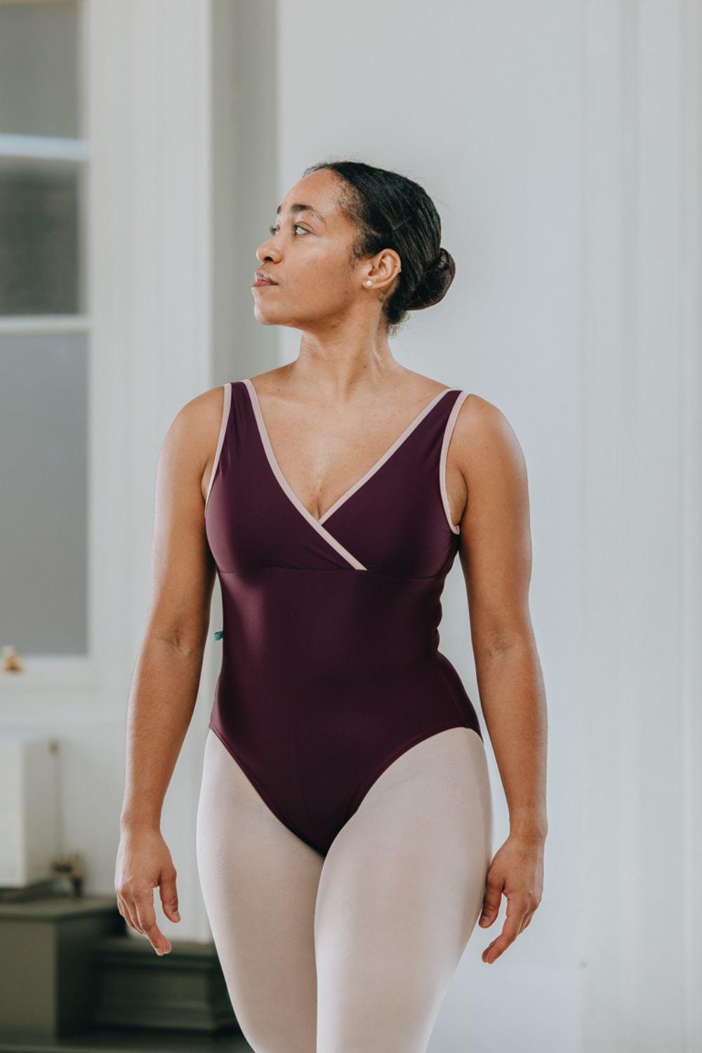 Women's Marseille Wrap Front Ballet Leotard – Vino with Oyster Trim - New, Sleeveless - Imperfect Pointes
