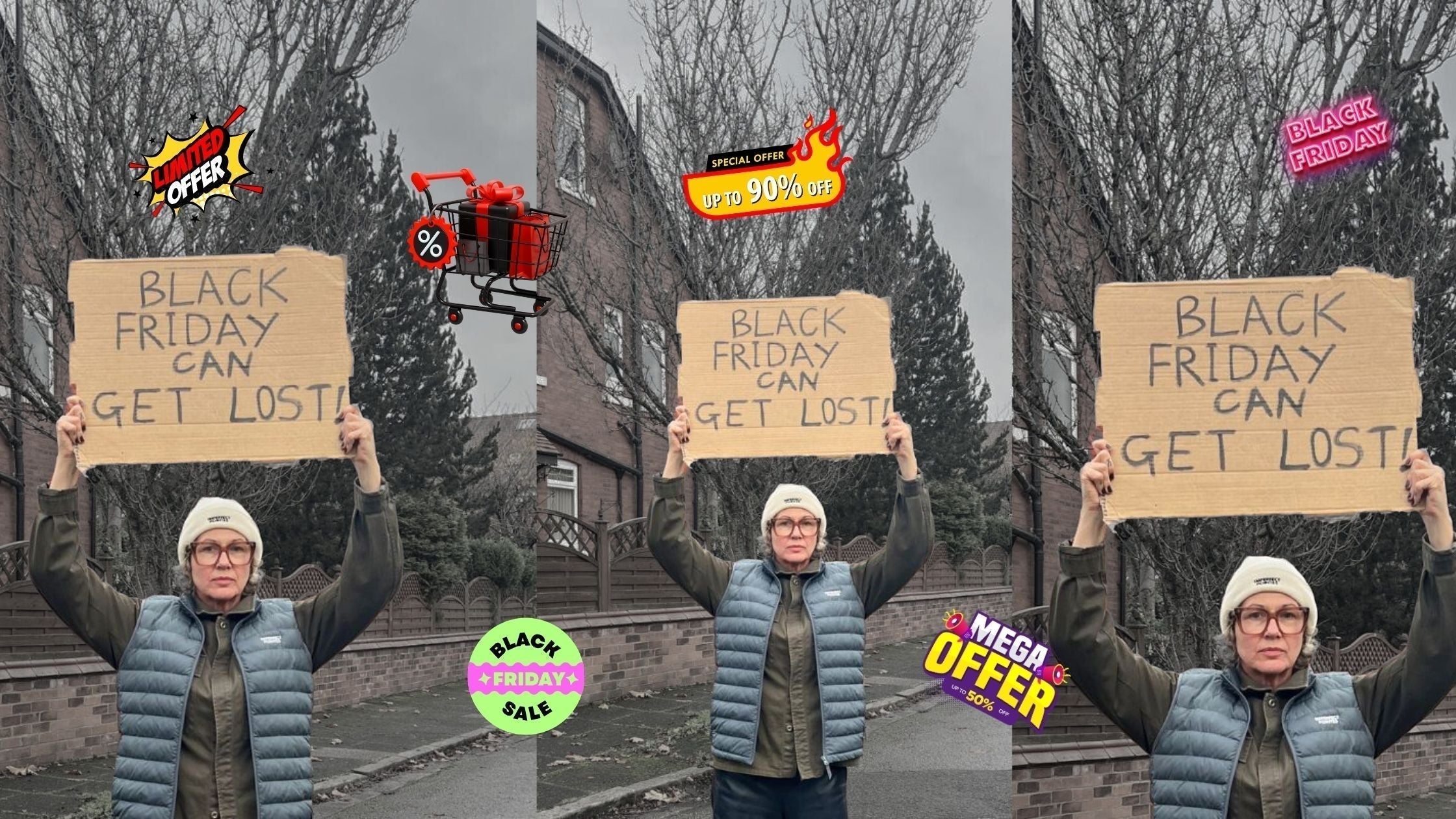 woman standing proudly holding a brown cardboard sign above her head to demonstrate her opposition of black friday. wearing a greay gilet and cream beanie hat with deals and discount symbols floating around her