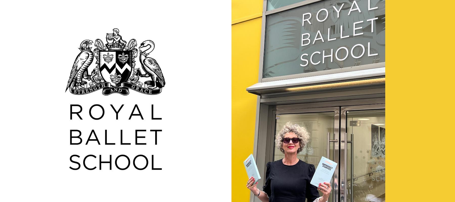 Imperfect Pointes founder outside the entrance to the Royal Ballet School in london holding two pairs of tights