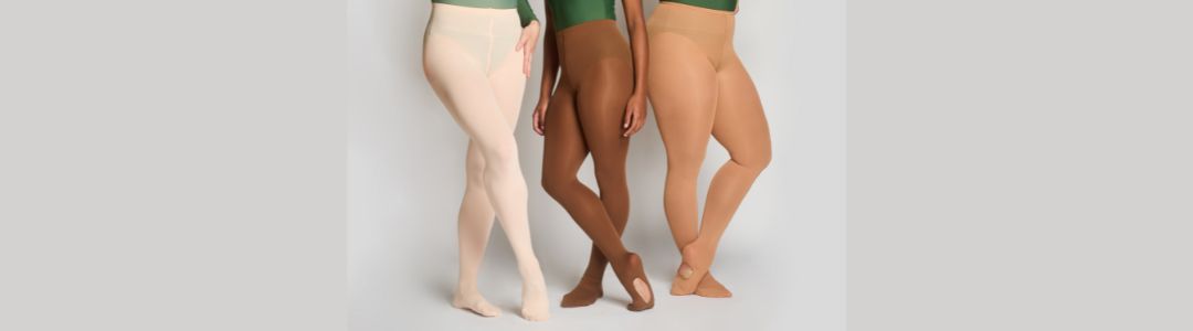 three ballet dancers wearing ballet tights shown in three colours pink tights, bronze tight and brown tights from waist down 