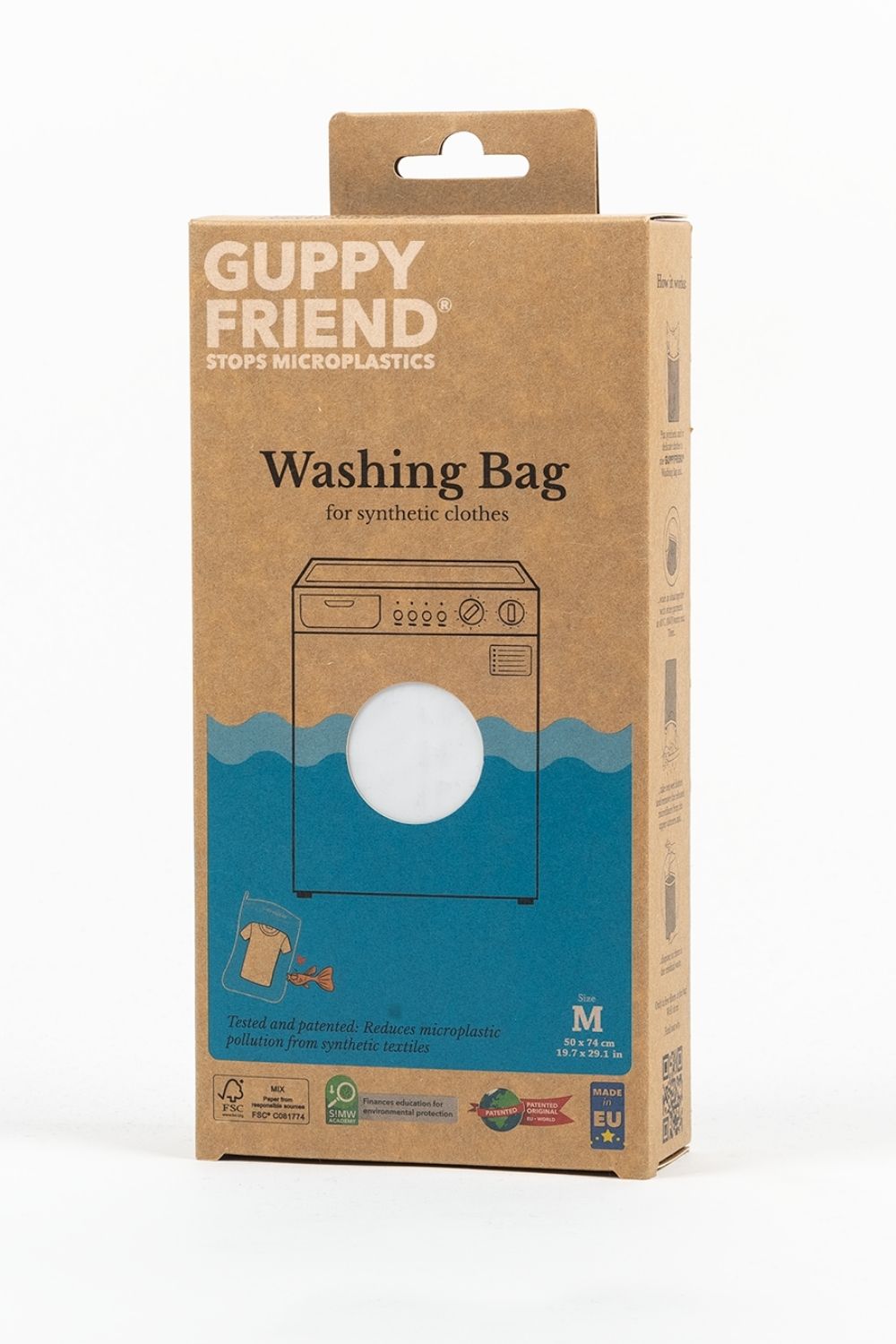 UPPYFRIEND washing bag cardboard packaging with a washing machine illustration on a white background.
