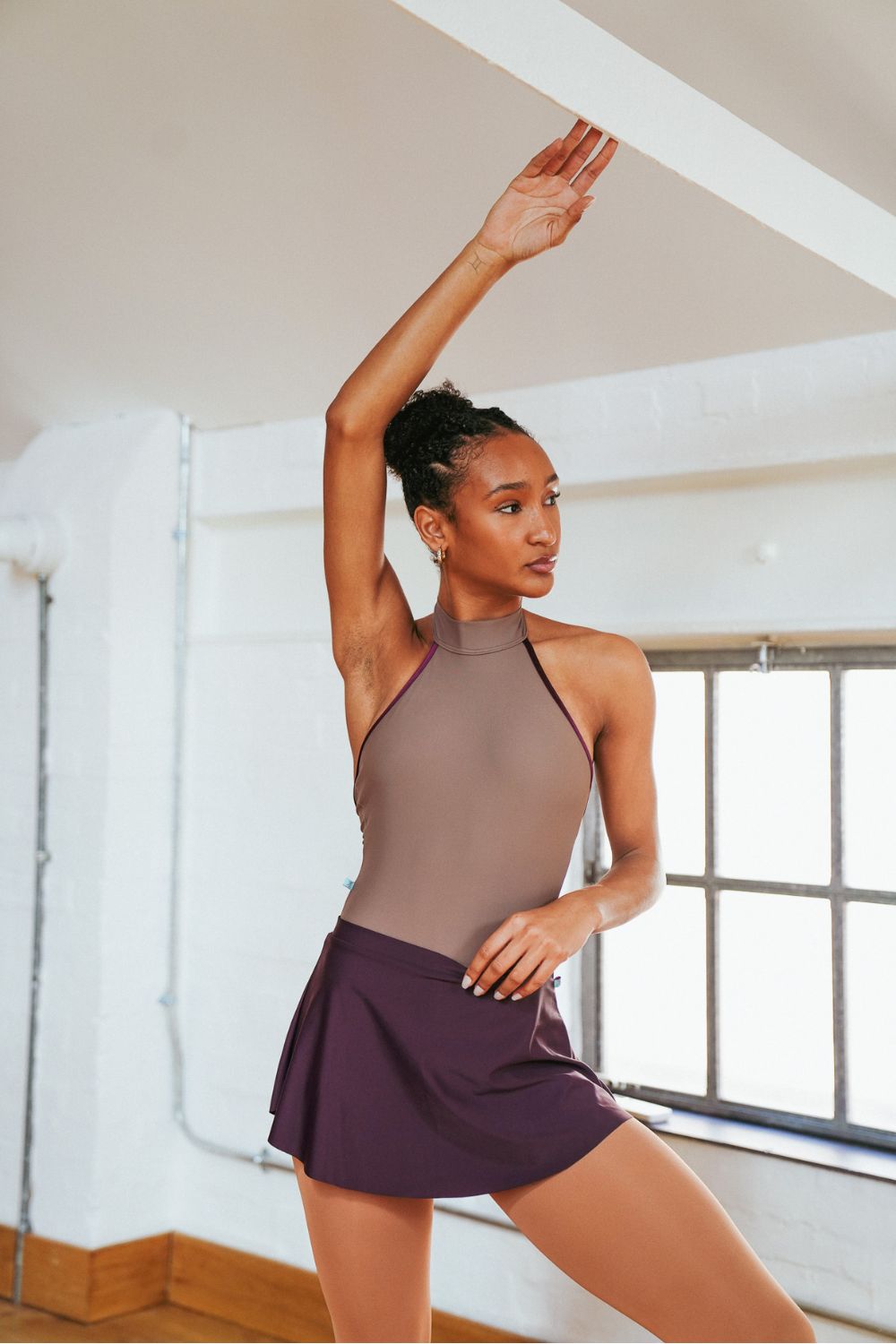 Women's Henderson Halter Neck Leotard - Mocha with Cherry Noir Velvet Trim