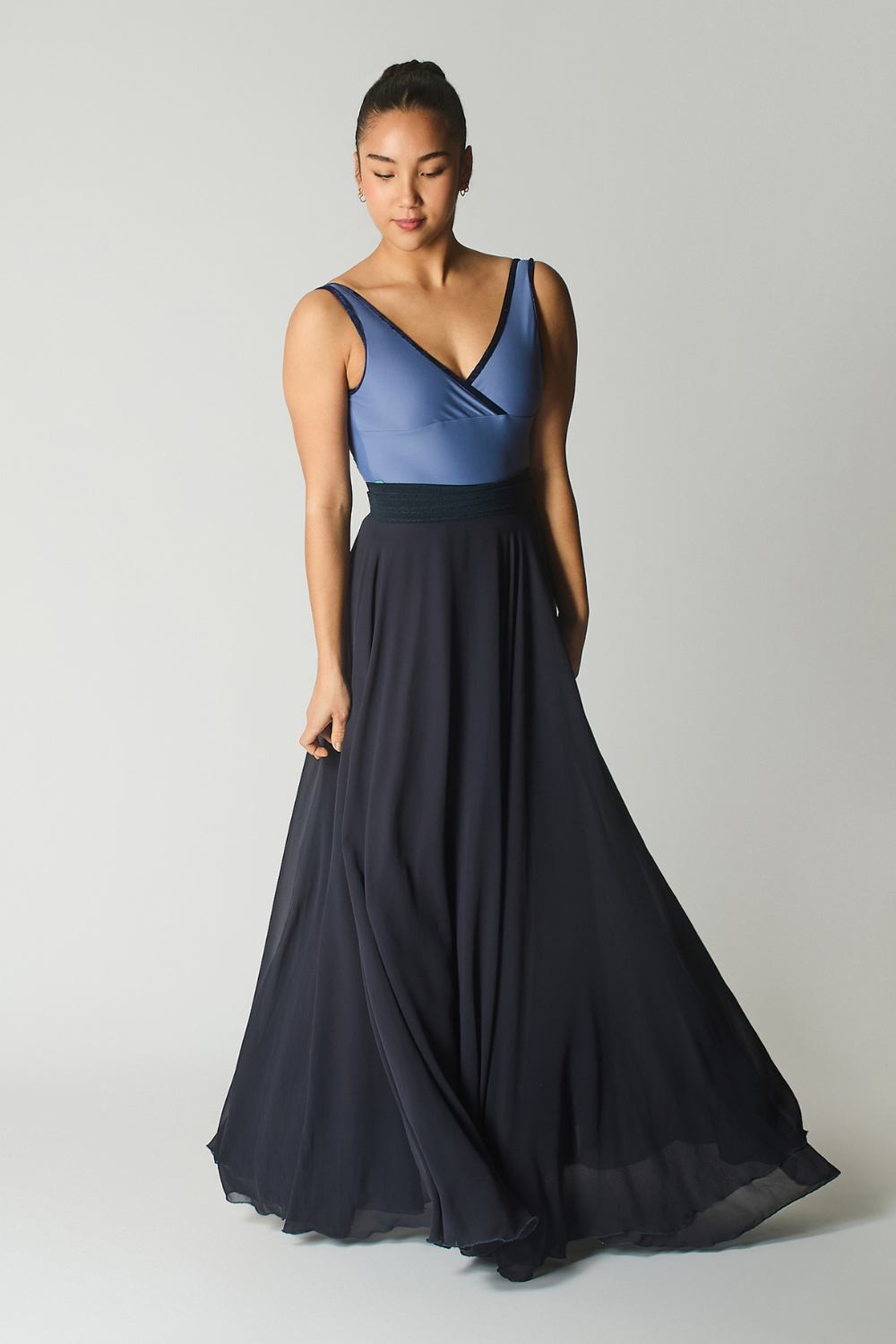 Women's Marseille Wrap-Front Leotard Film Blue with Navy Velvet Trim