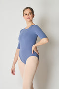leotard for women with bigger boobs from imperfect Pointes, suitable for ballet and all types of dance. long sleeves in film blue. great for the adult ballet community and beginners adult ballet. sustainably made in UK 