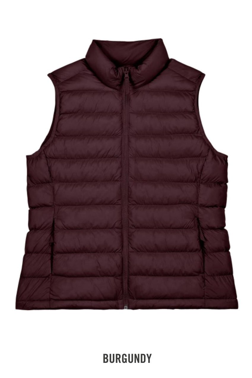 Burgundy puffer vest on a white background