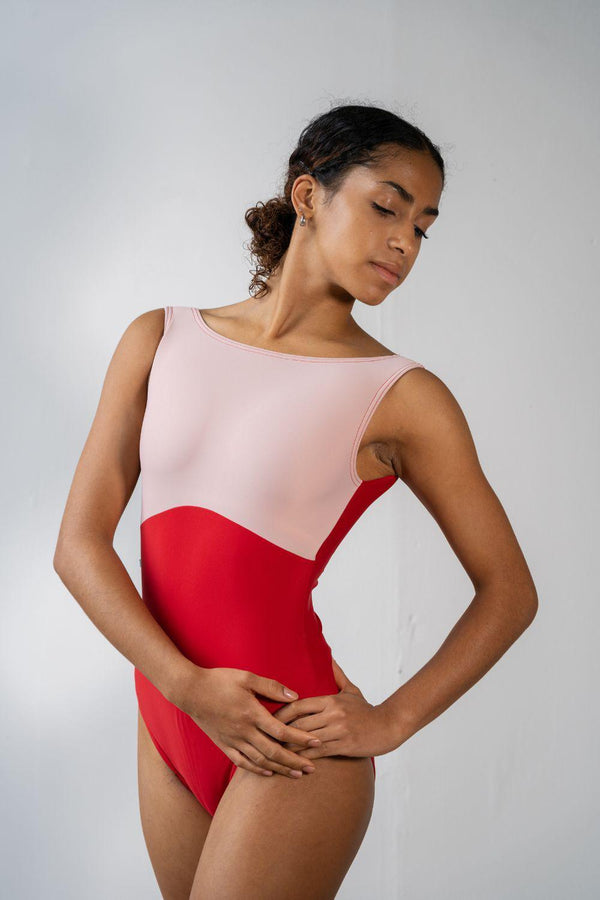 Imperfect Pointes Sustainable Econyl® Sleeveless Boat Neck Leotard in Red & Pink main image 1