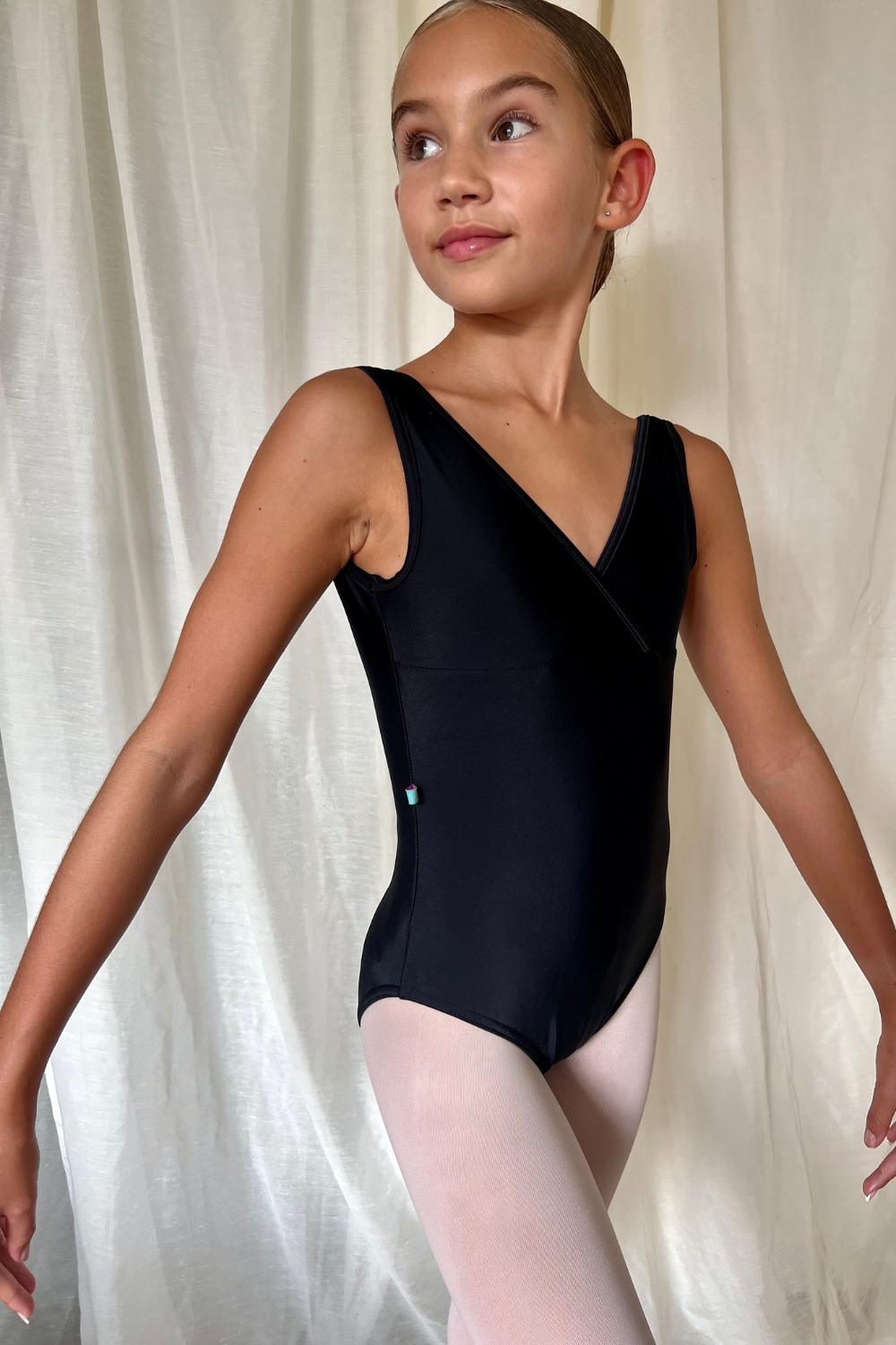girls ballet leotard with crossover front in black sustainable Imperfect Pointes