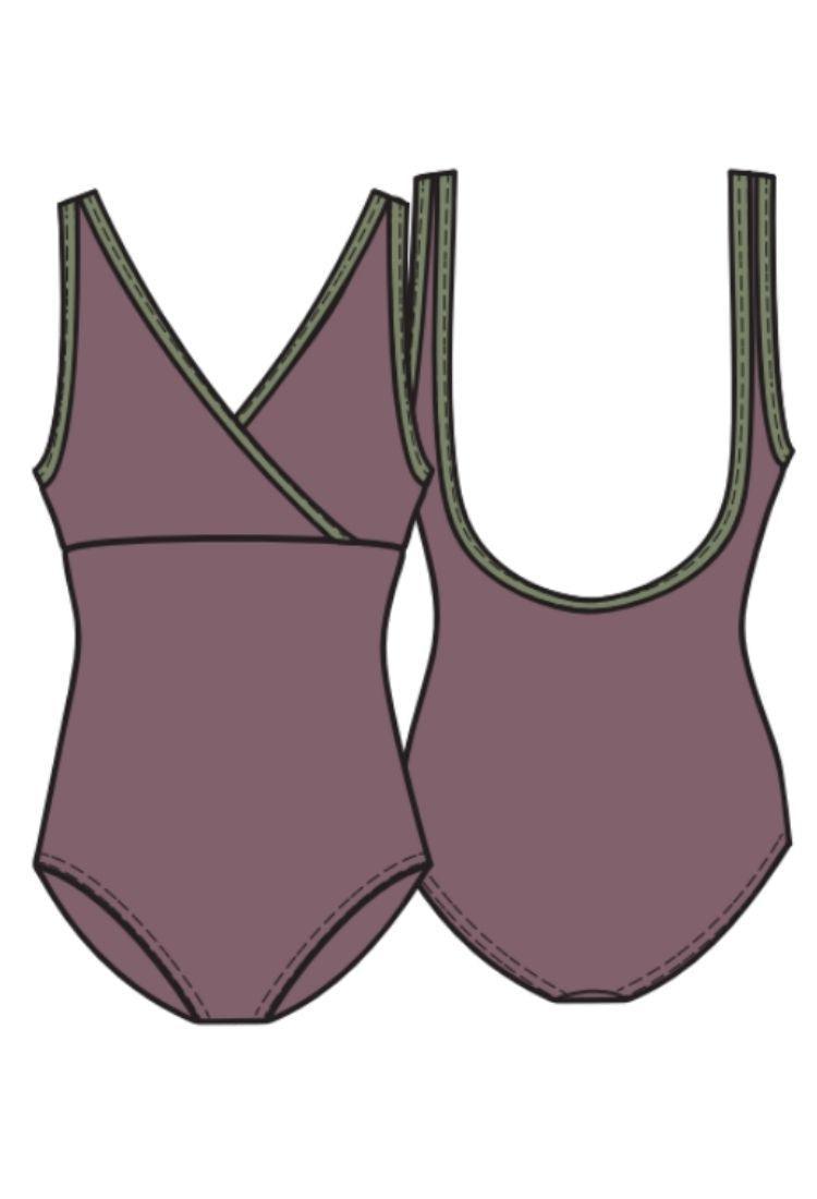 Girl's V Front Cross Over Leotard with Trim- Mauve and Army Green-Girl's Ballet Leotard Sustainable-Imperfect Pointes- Marseille