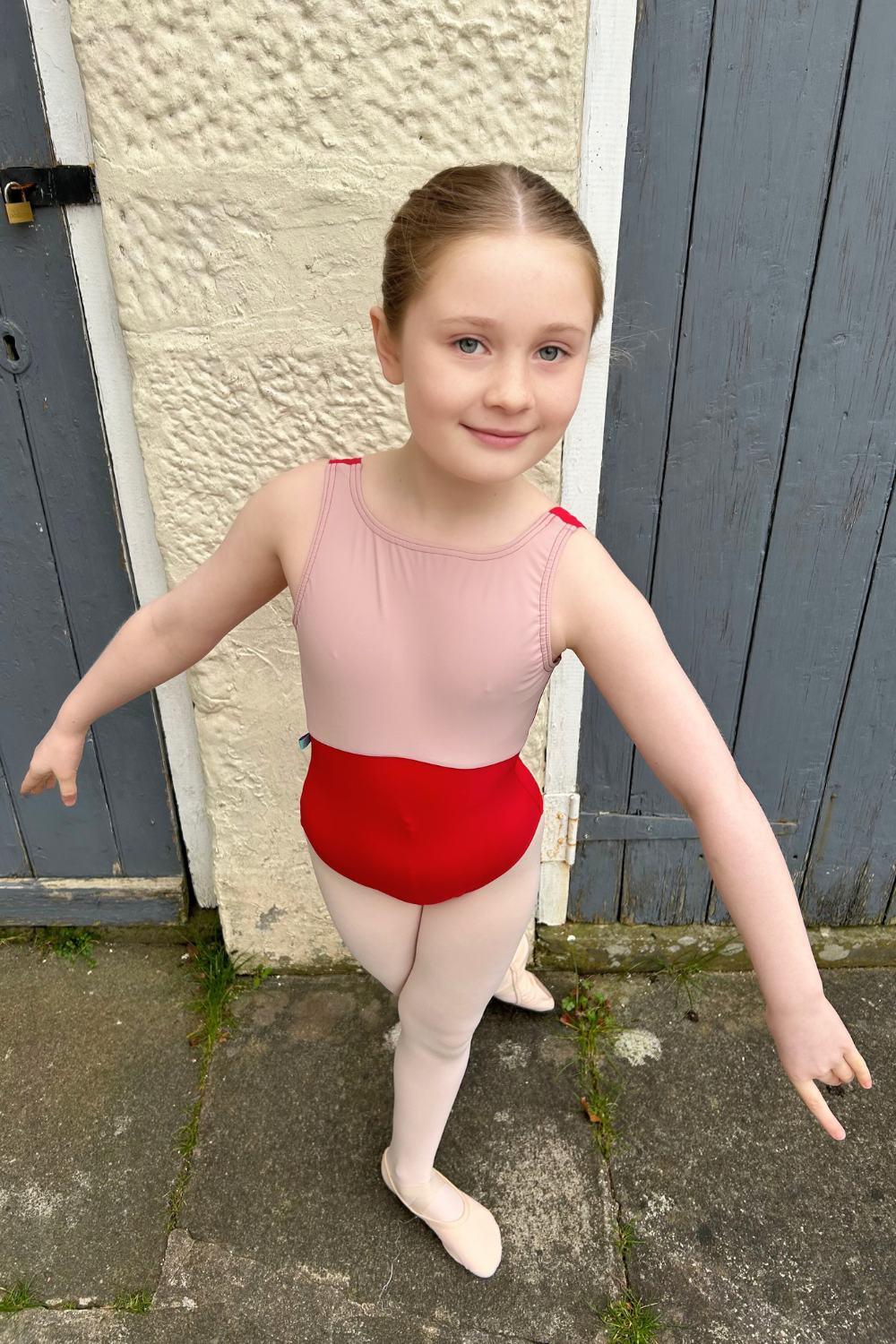 girls sleeveless ballet leotard in red and soft pink colour blocking 