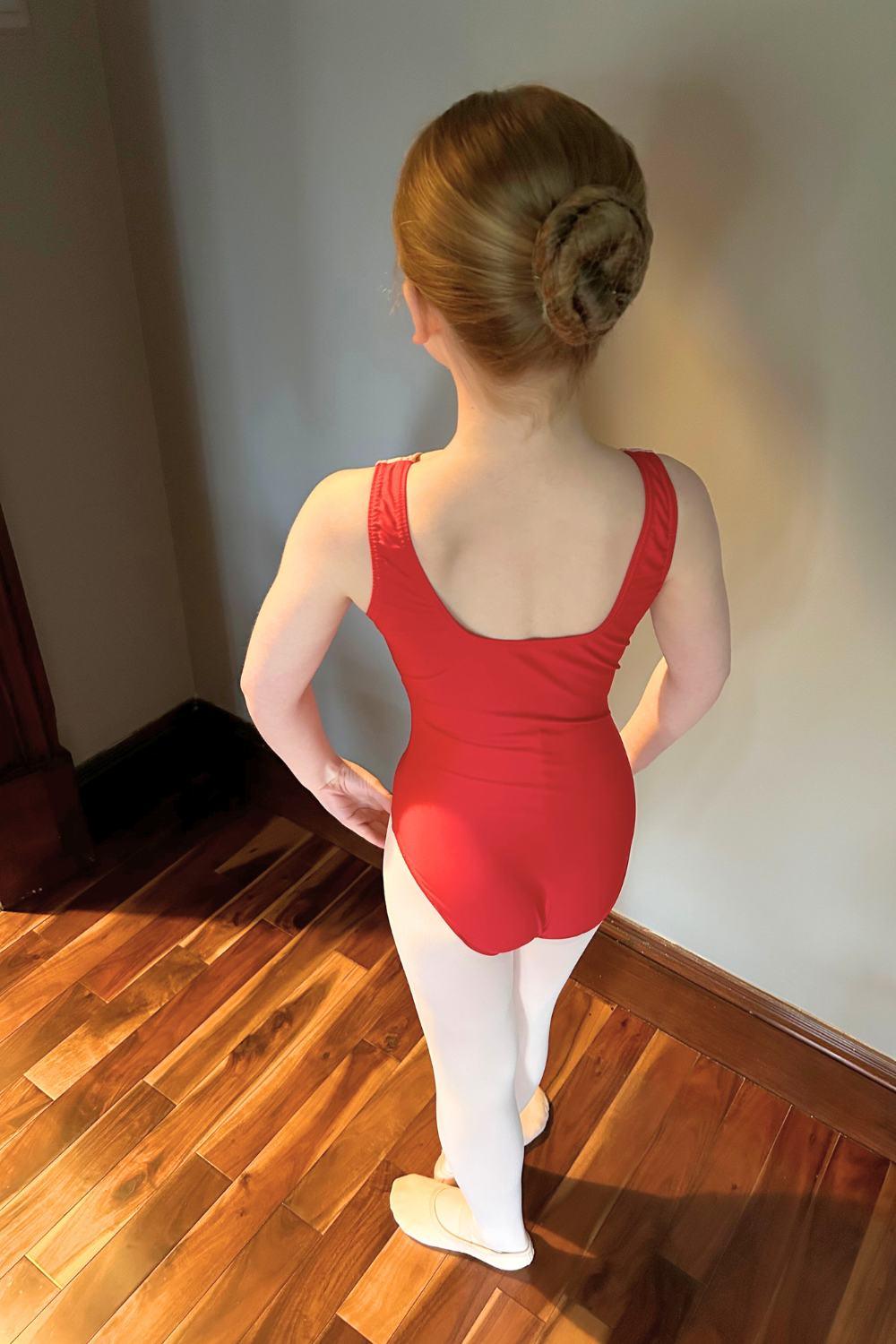 girls sleeveless ballet leotard in red and soft pink colour blocking 