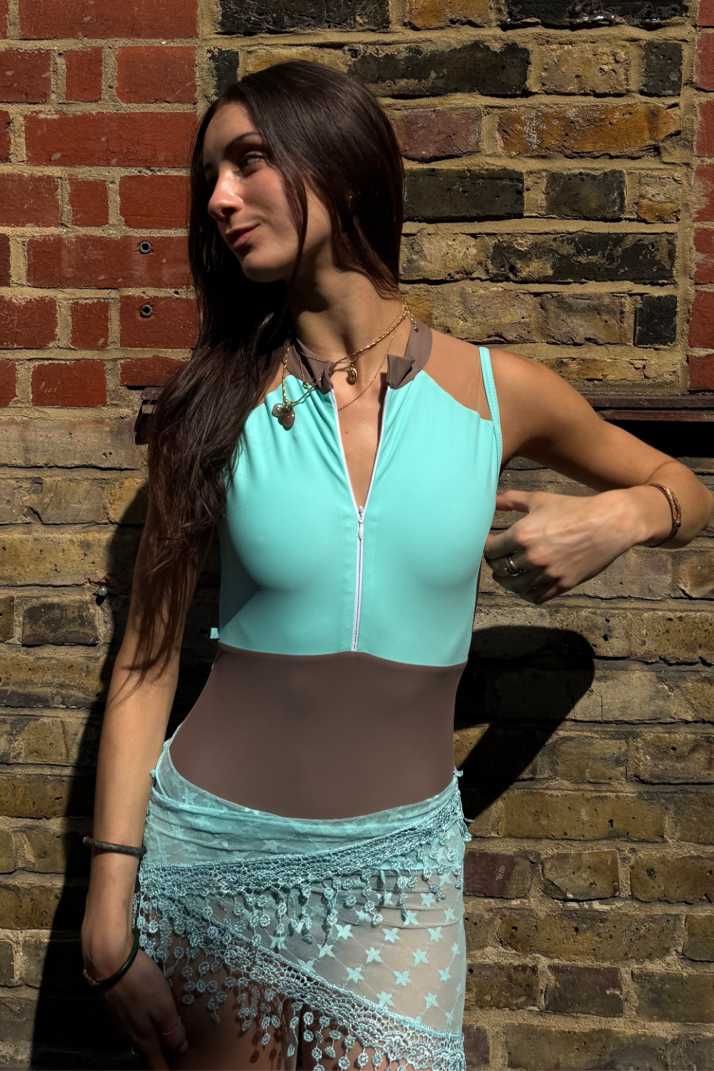 Women's Tuscany Half Zip Ballet Leotard - mocha and minty