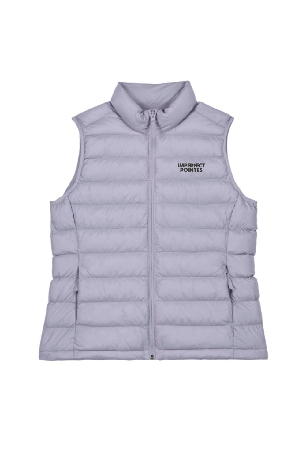 Light purple puffer vest with a brand logo on a white background
