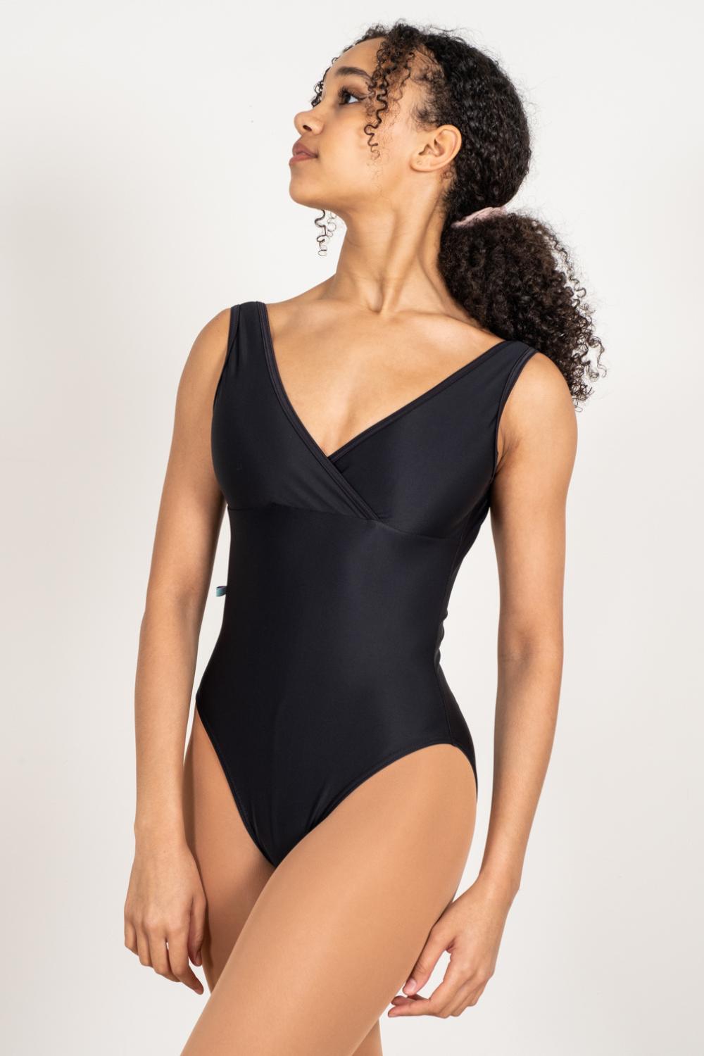 ballet dancer in black marseille leotard with wrap front made from ECONYL 