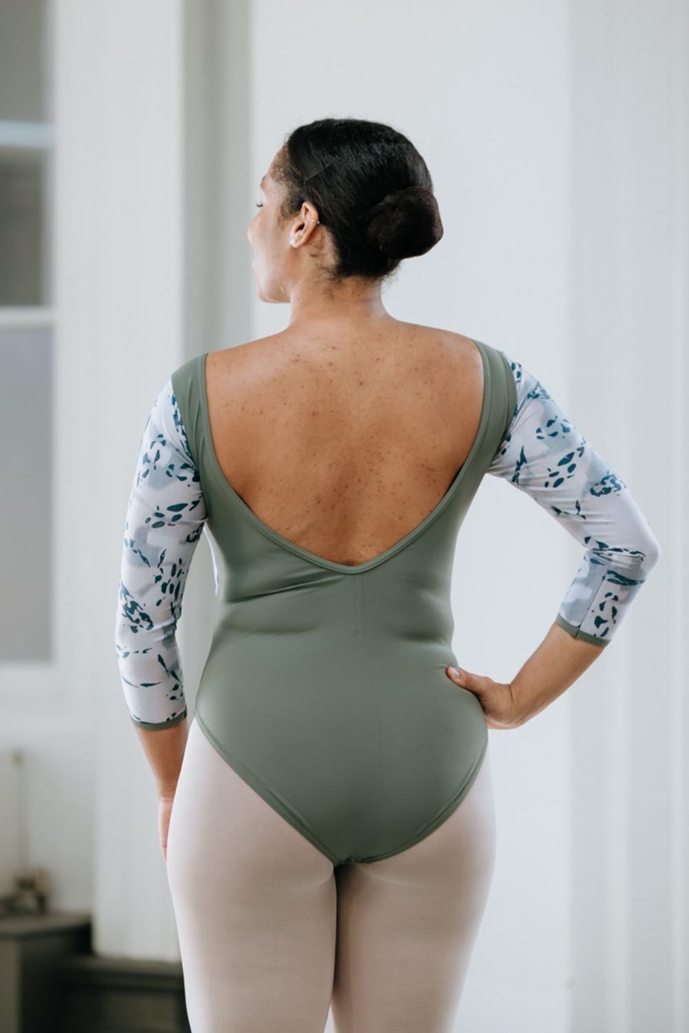 Mersey Long Sleeve Ballet Leotard - Army Green with Camufish Front - Long Sleeve, New - Imperfect Pointes