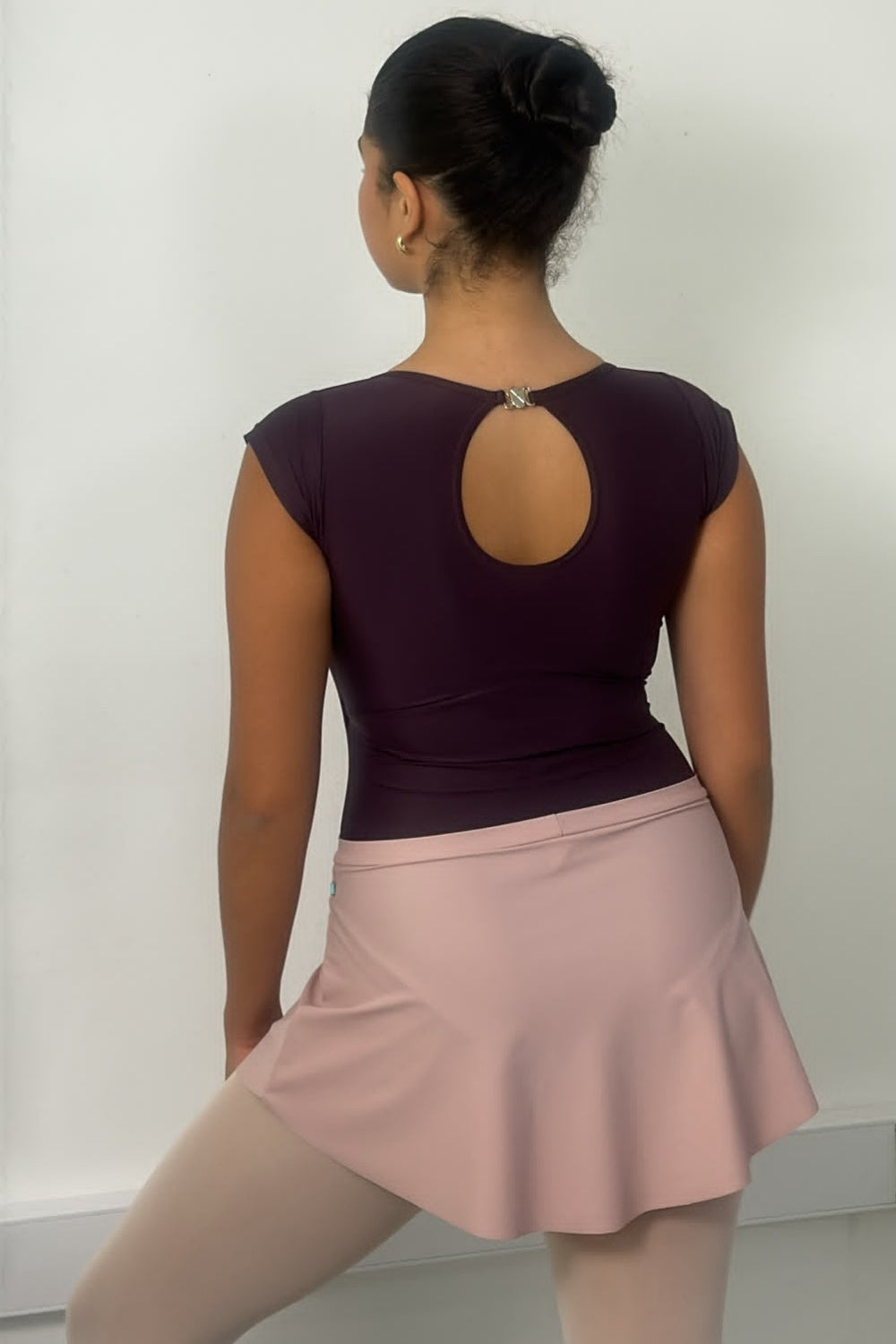 We Got Boobs cap sleeve dance leotard in Cherry Noir — back view showing keyhole detail and silver clasp