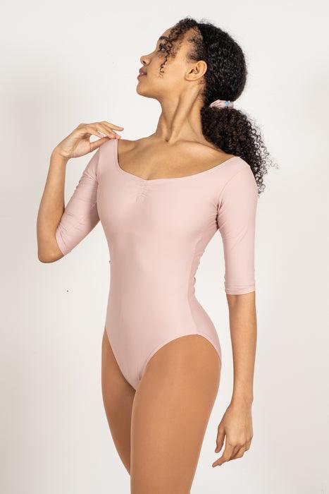 Women's Barcelona Ruched Half Sleeve Leotard - Oyster - Long Sleeve, Ready to Ship - Imperfect Pointes