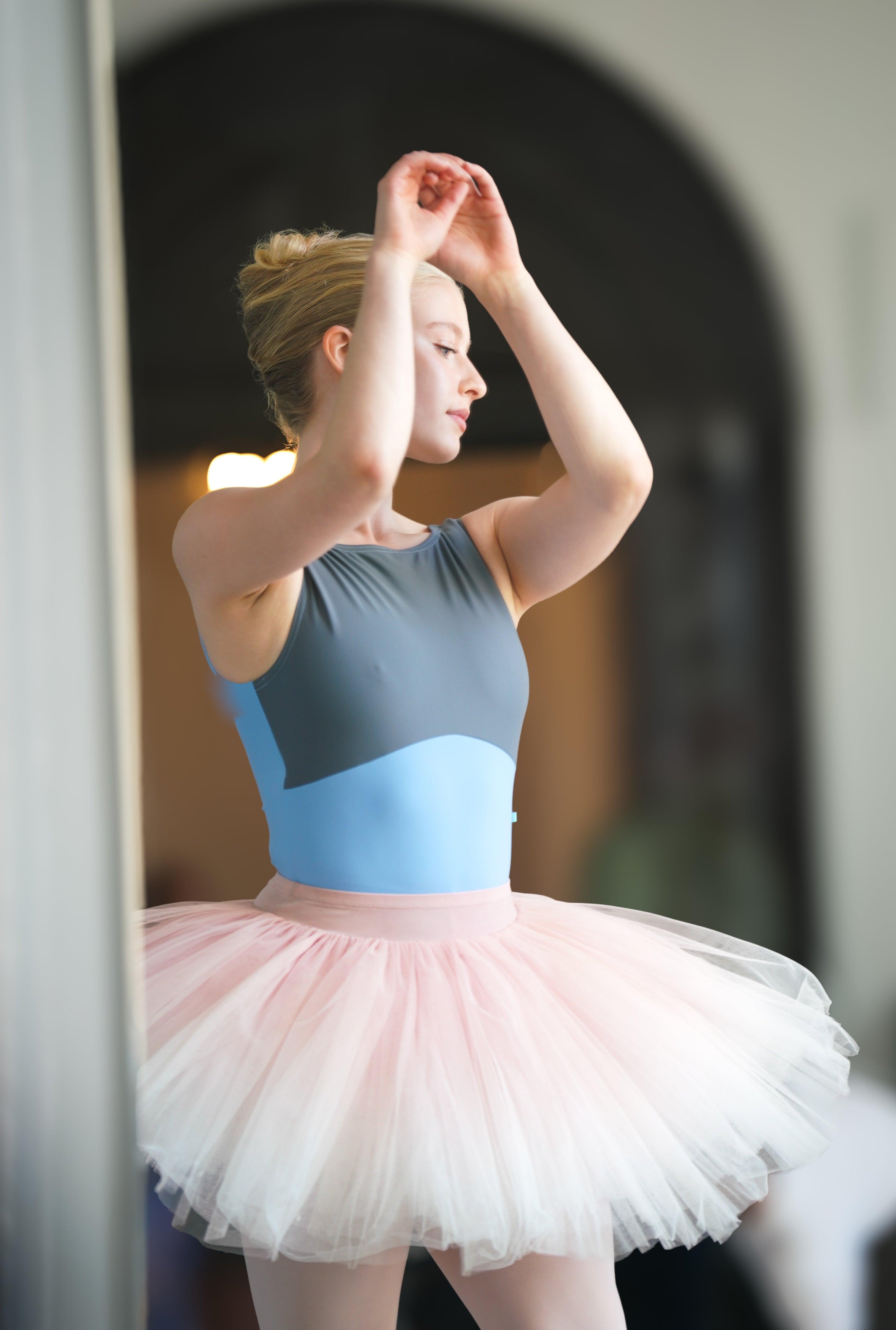 Women's Freedom Boatneck Tank Style Ballet Leotard in River Blue with Grey with Tutu