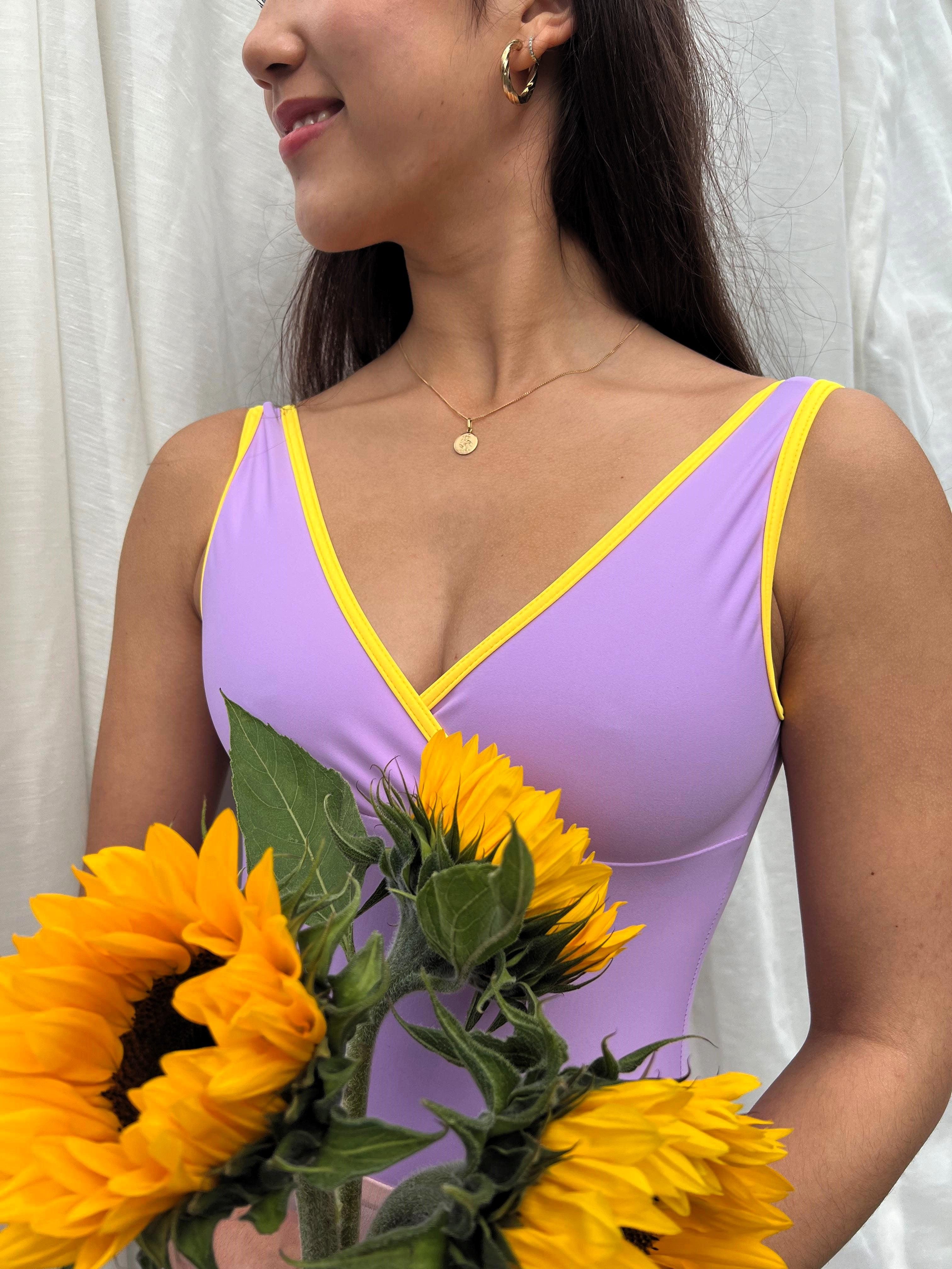 Women's Marseille Wrap Front Leotard - Lavender with sunflower trim - Ready to Ship, Sleeveless - Imperfect Pointes
