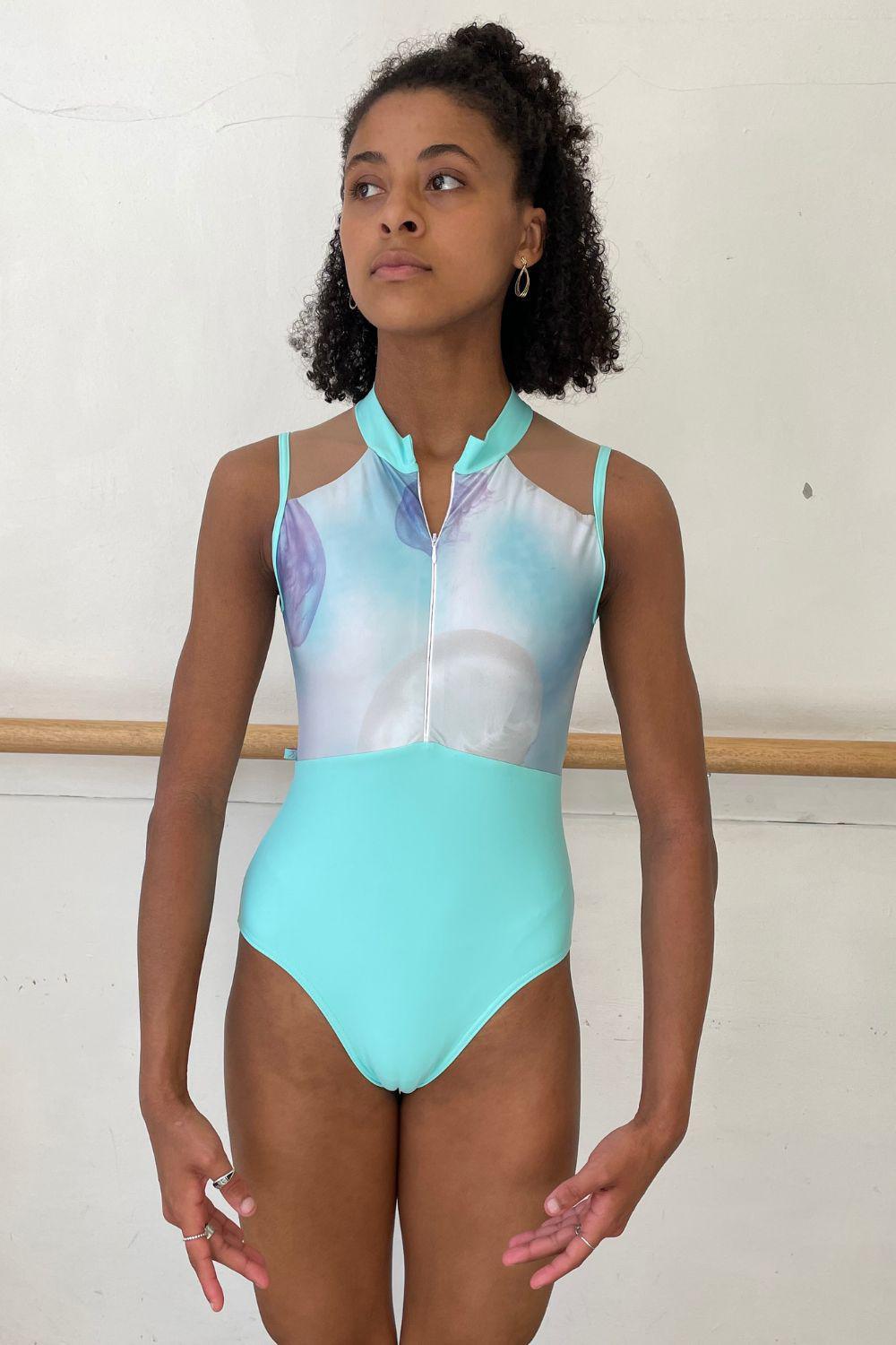 Women's Tuscany Zip Front Leotard - Jellyfish Print with Mint-Women's Leotard-XS-Imperfect Pointes